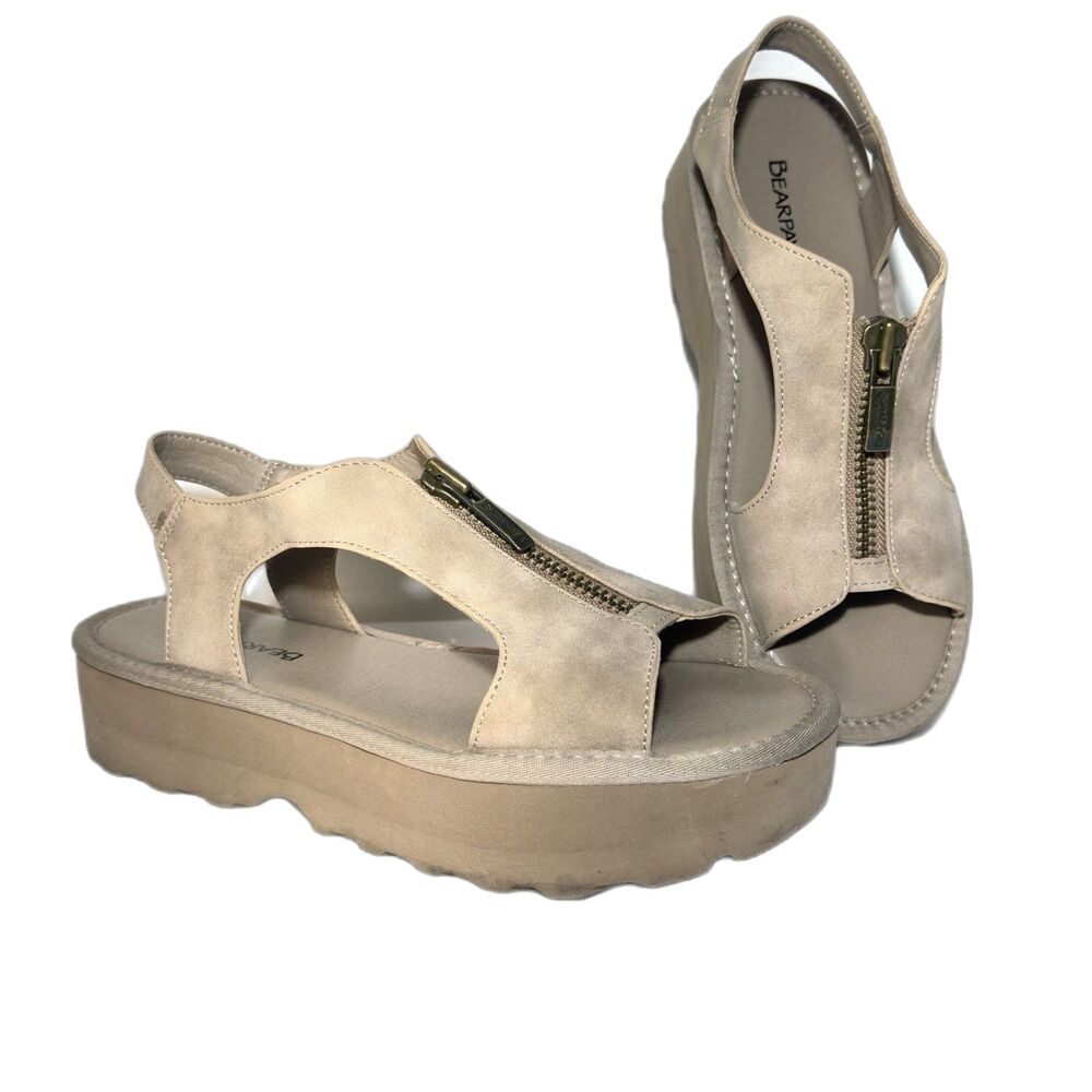 BEARPAW Women’s Beige Platform Sandals Zip Slingback Open Toe US Size 8